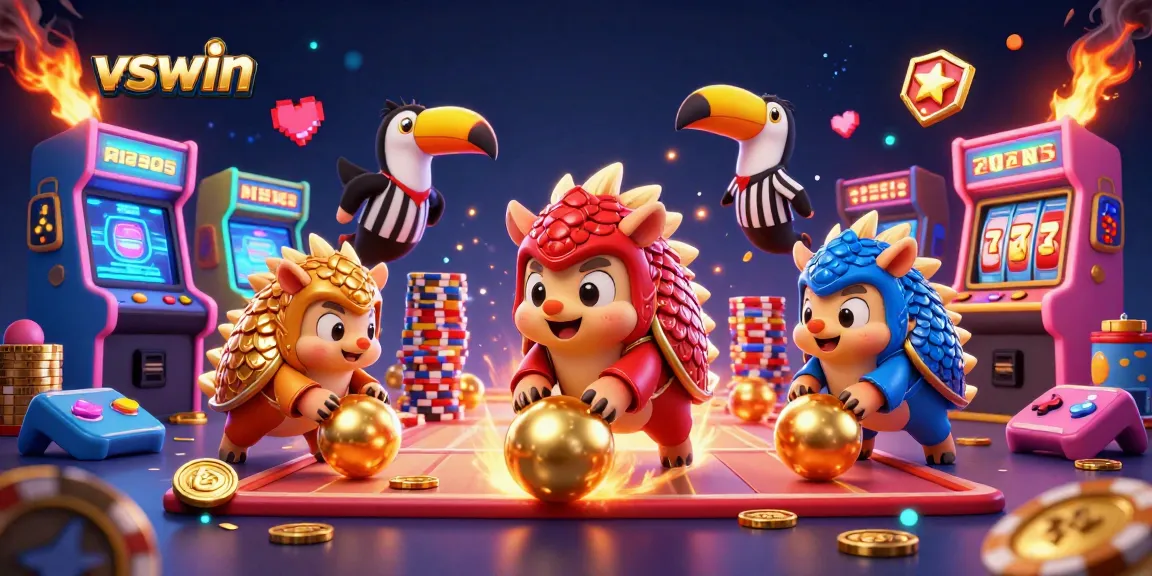 Join the thrilling action of vswin with dynamic pangolins bowling through casino chips and vibrant gaming elements.