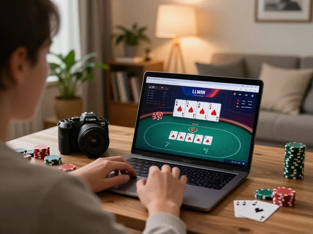 LLWIN gaming experience highlighting a player engaged in online poker at home.