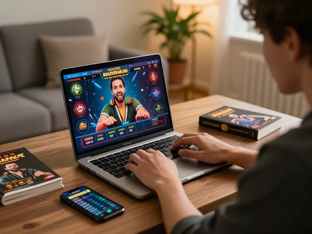 Engaging online gaming moments on https://max88sss.com/ with laptop showcasing casino graphics.