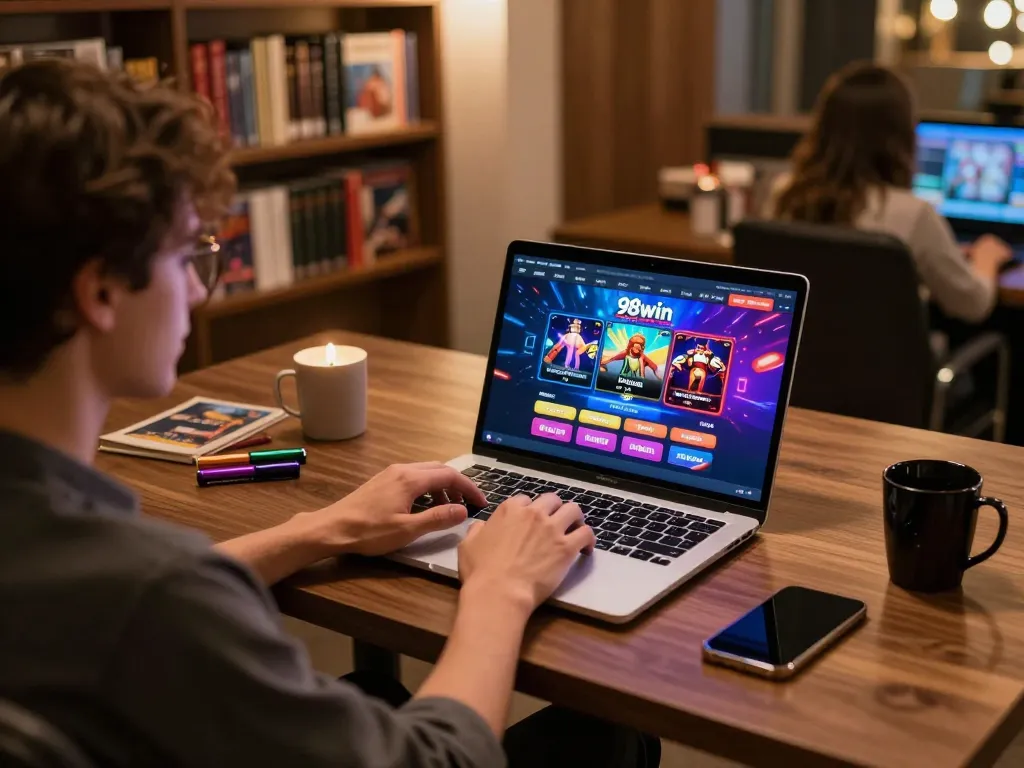 Engaging with 98win on a laptop, showcasing vibrant online games and a cozy atmosphere.