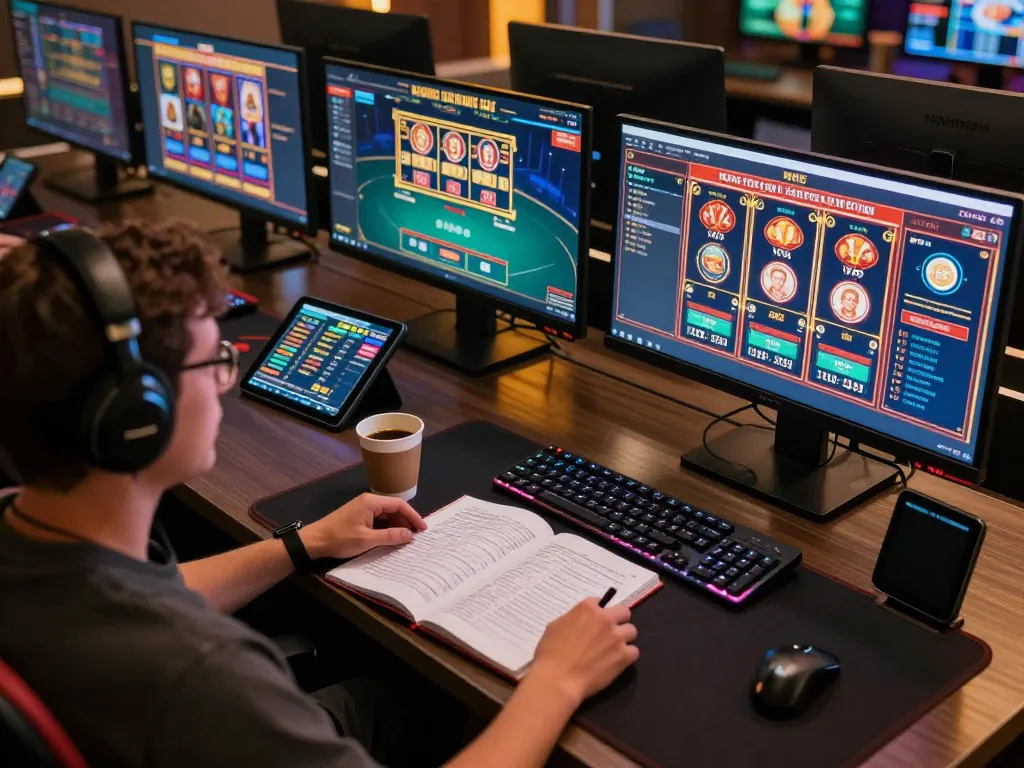 Pengalaman bermain game online yang menarik di VT789 dengan beberapa layar menampilkan permainan kasino dan catatan strategis.