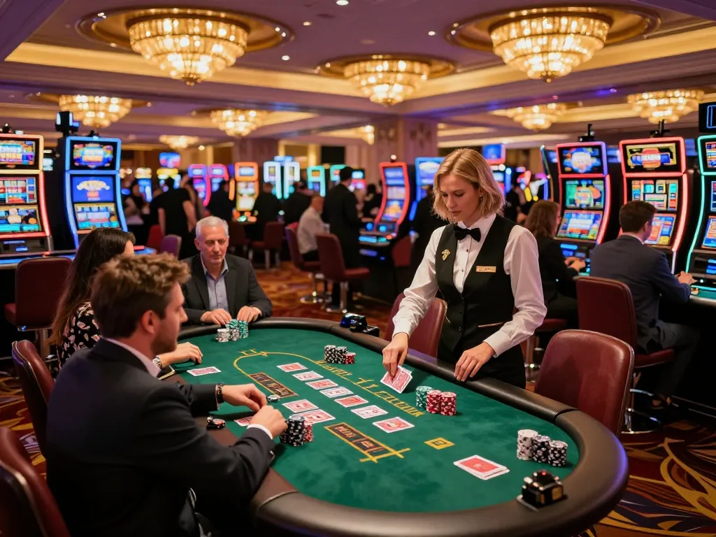 GG777 players engaged in an intense blackjack game at a lively Las Vegas casino