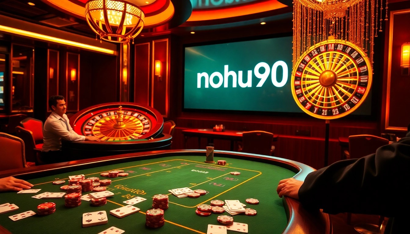 Players enjoying exciting games at nohu90 casino table under golden lighting.
