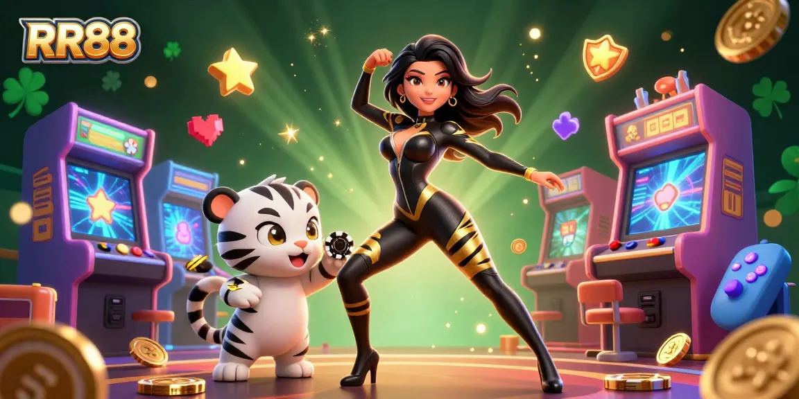 Engage with RR88 in this vibrant 3D illustration showcasing a dynamic casino scene filled with gaming excitement.