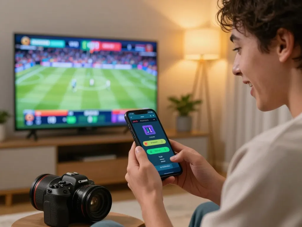 Excited bettor using keonhacai app in modern living room for sports betting.