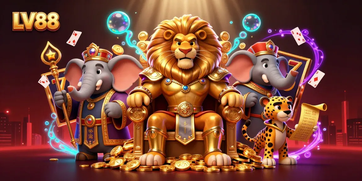 Experience thrilling slots at LV88 with a cartoon lion king surrounded by golden treasures and casino royalty.