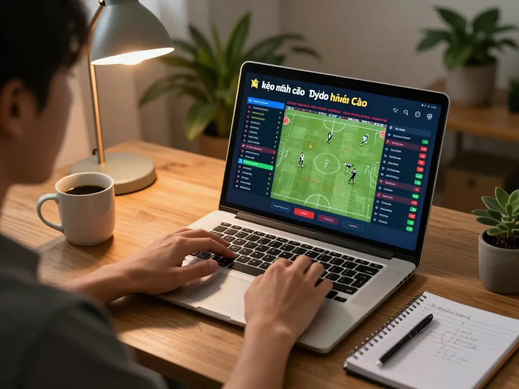 Betting on kèo nhà cái through laptop during an online football game excitement.