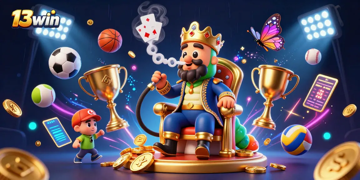 Experience thrilling gaming action at 13win with vibrant 3D illustration of casino elements.
