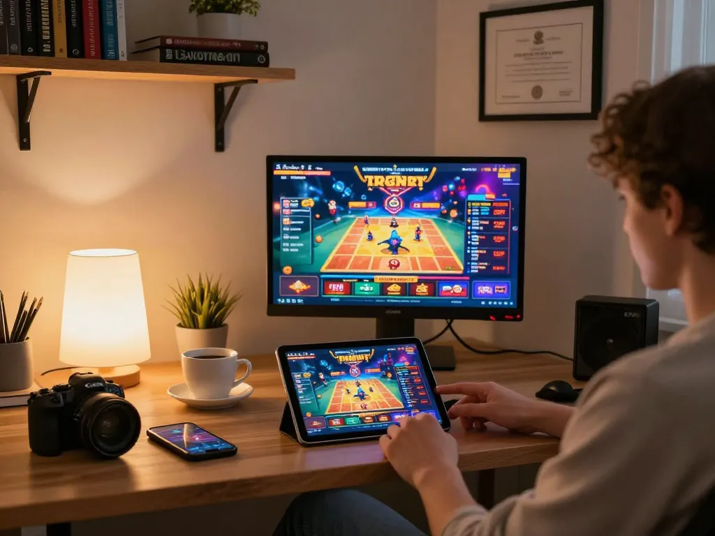 Engaging in online gaming on sunwingo with colorful casino graphics and cozy home setting