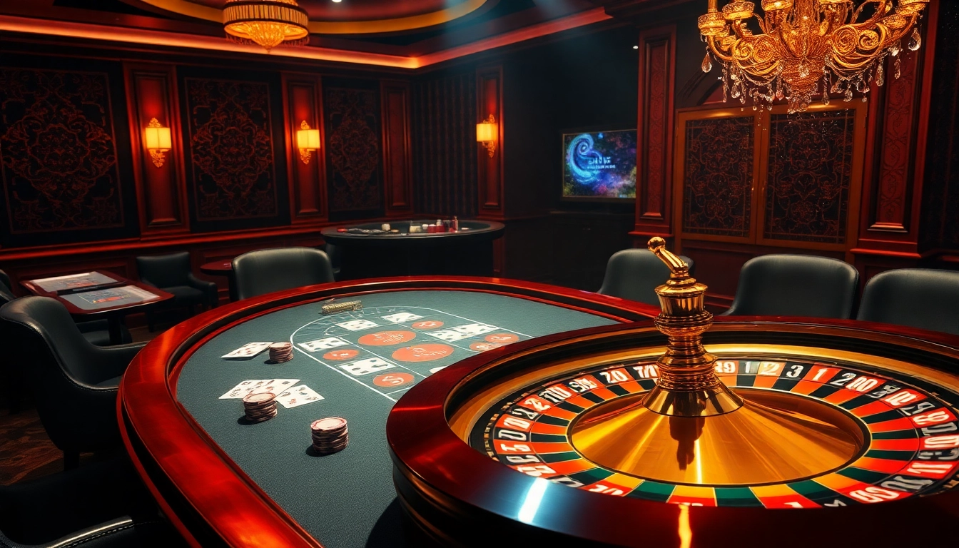 Enjoy the thrill at rikvip with players engaging at a luxurious blackjack table in a vibrant casino setting.