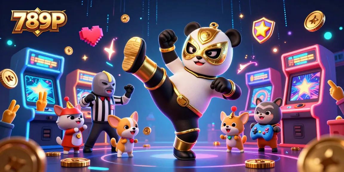 Witness the excitement at 789P casino as a panda wrestler performs an epic kick while animal fans cheer.