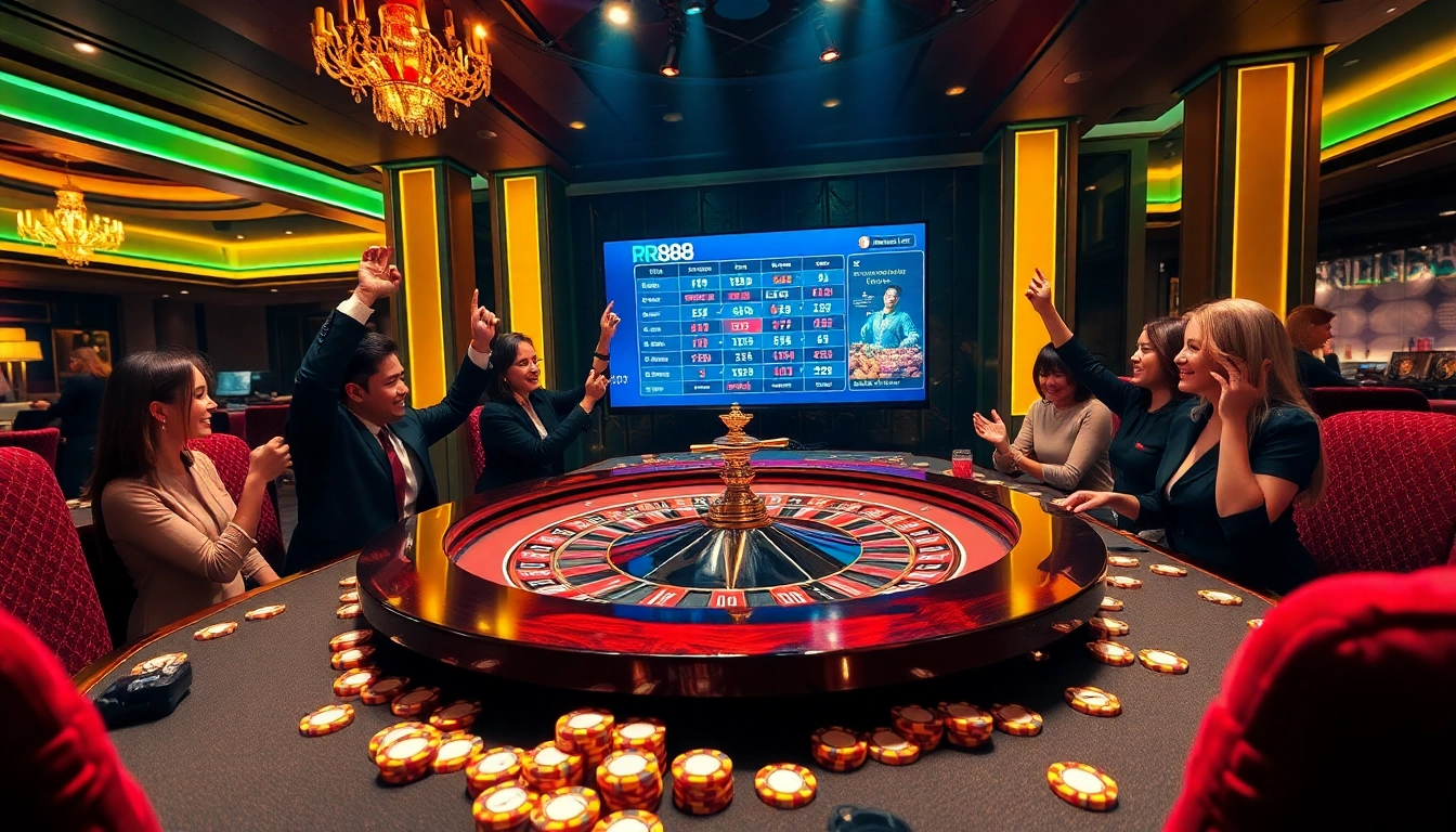 RR88 players celebrating a win at a luxurious casino table, showcasing excitement and elegance in online gambling.