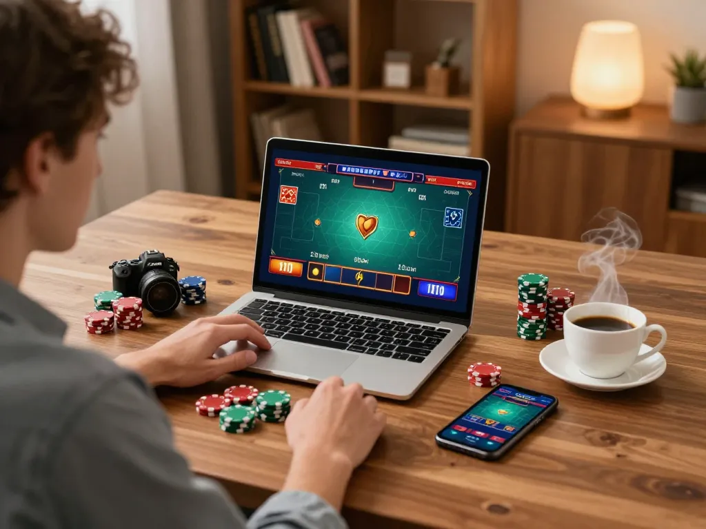 A player engaging in online poker at home with FLY88MB, showcasing strategy and comfortable atmosphere.