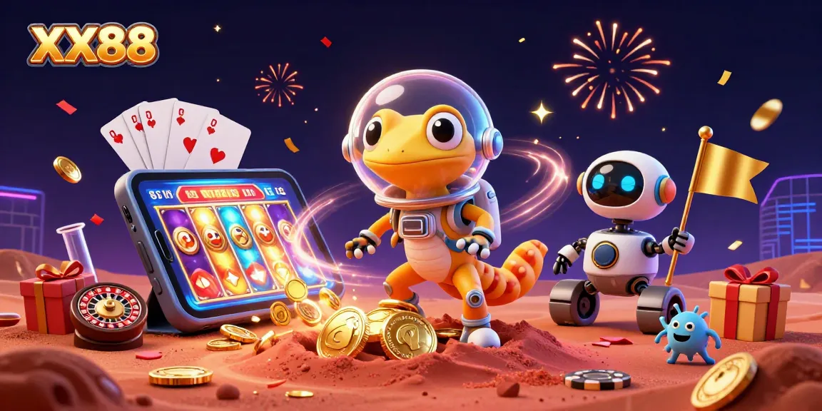 Spin to win with XX88 as the Martian gecko discovers a golden casino in Mars sand.