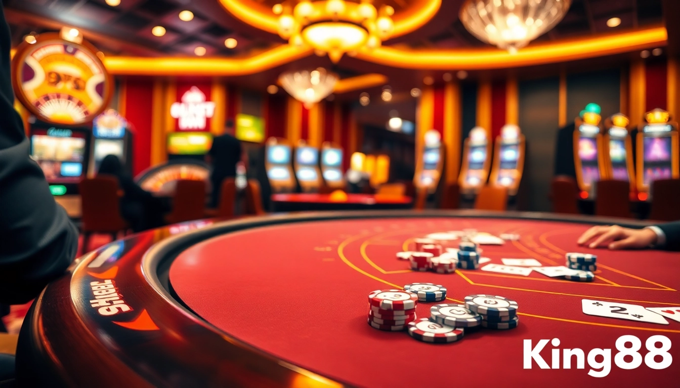 Players enjoying a thrilling game of blackjack at King88, surrounded by vibrant casino elements.