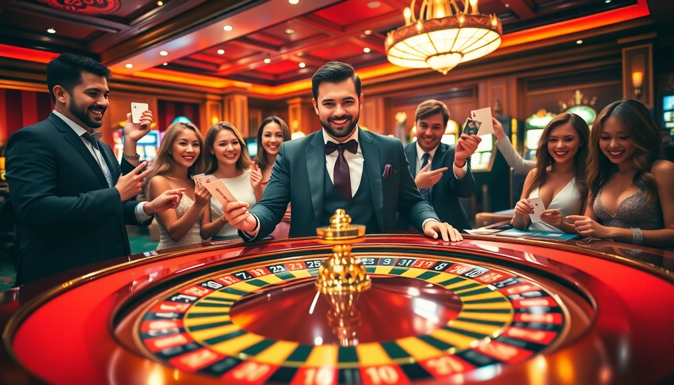 Excited players at the fun79 casino using chips and betting slips at a roulette table.