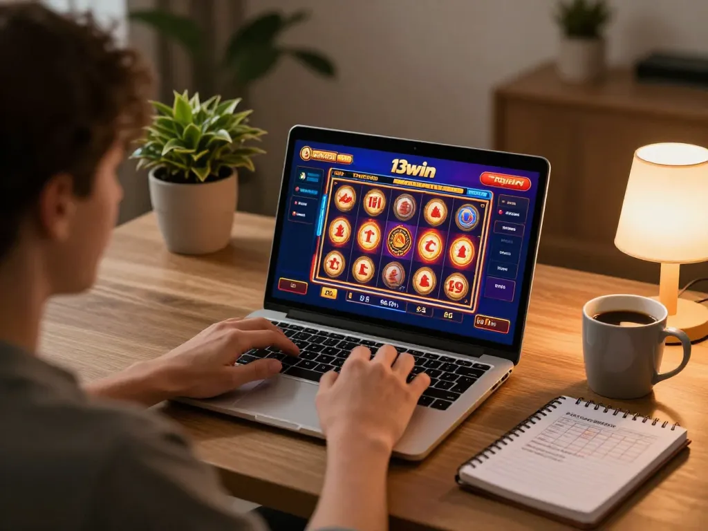 Engaging in online gaming at 13win with vibrant casino interface and cozy setup.