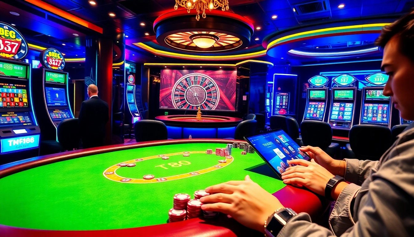 tk88 players enjoy an exciting poker game amid luxury casino visuals and vibrant slot machines.