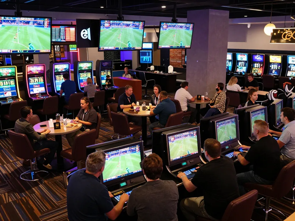 7mcn bettors placing wagers in a lively sports betting lounge with multiple screens.