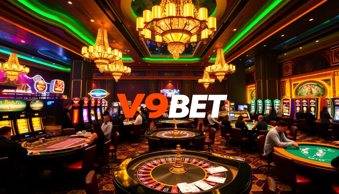 Players enjoying high-stakes games at V9BET casino with roulette and poker tables.