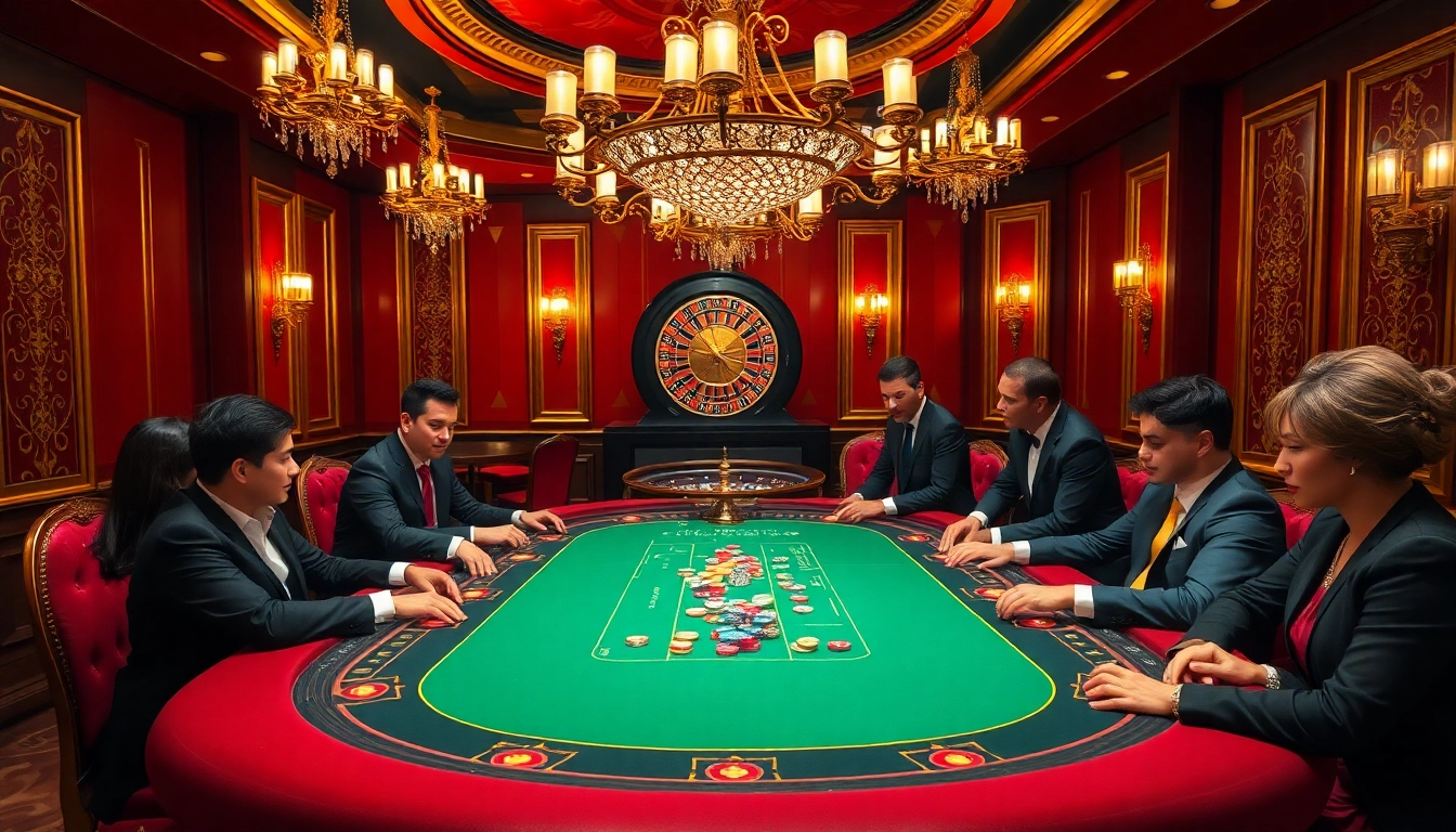 A high-stakes poker game at a luxurious casino showcasing tập đoàn kjc's thrilling online gaming experience.