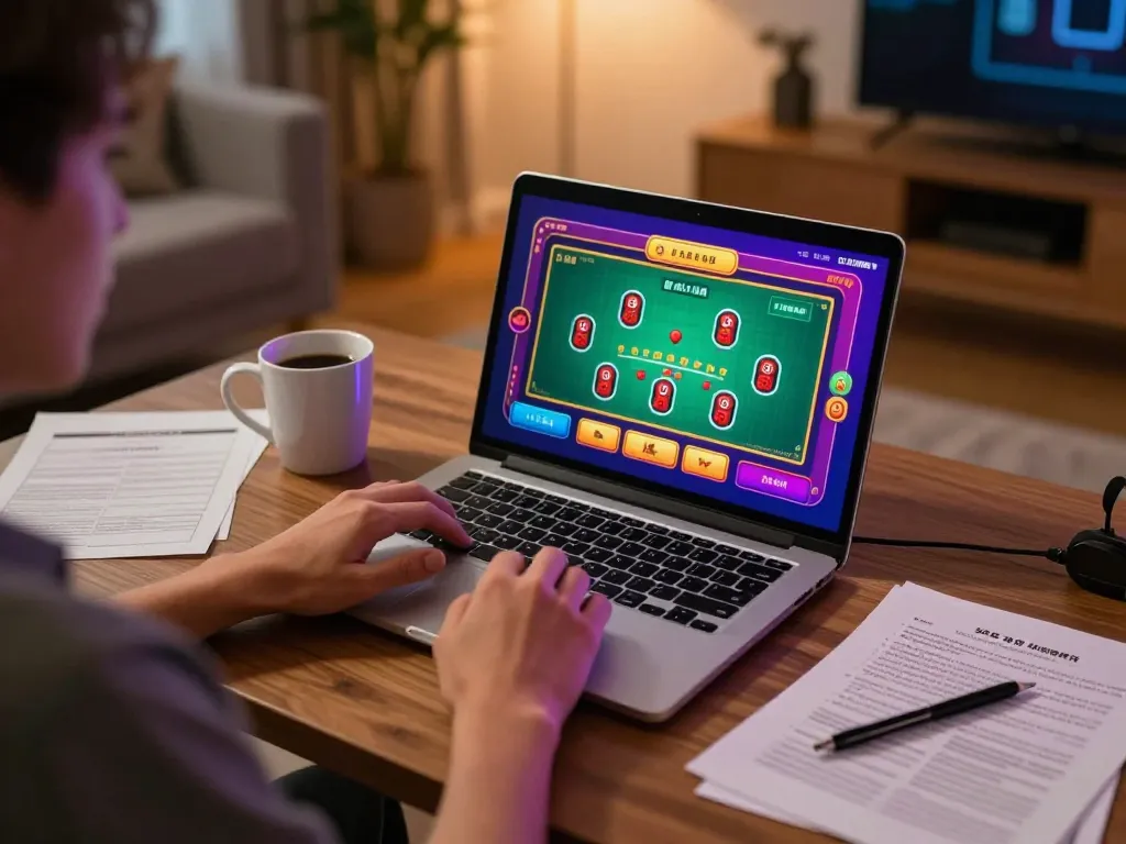man88 user enjoying online blackjack gameplay on a laptop with strategic notes nearby