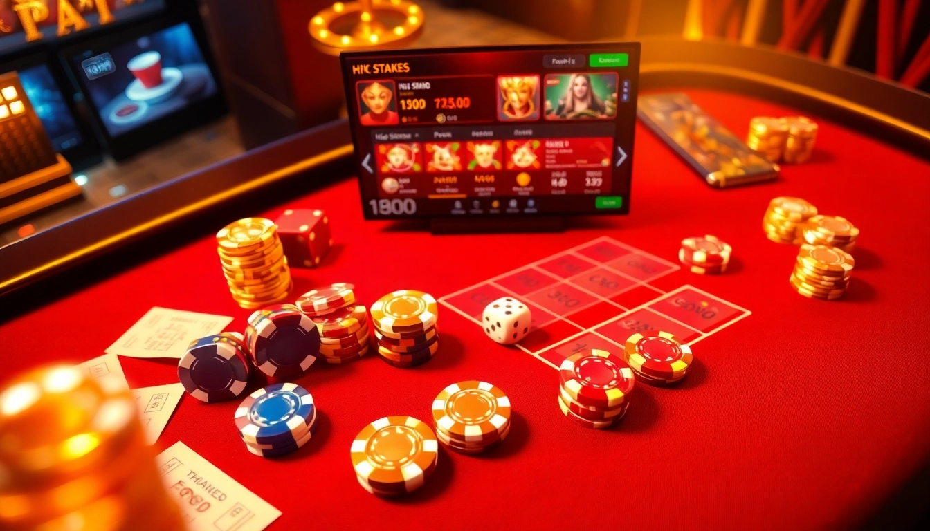 Xóc đĩa online gambling table with colorful chips and dice in a luxurious casino setting