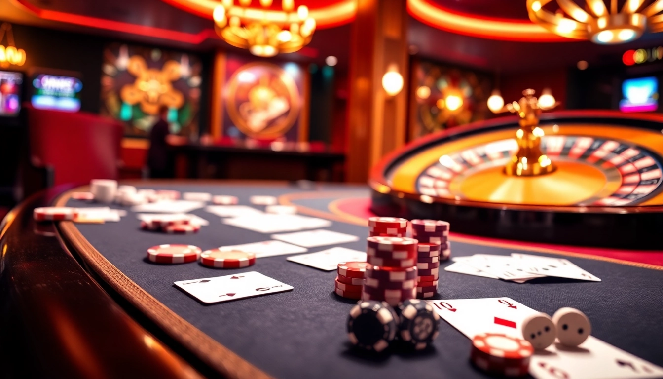Experience thrilling betting with cm88 at a luxurious casino table featuring poker chips and cards.