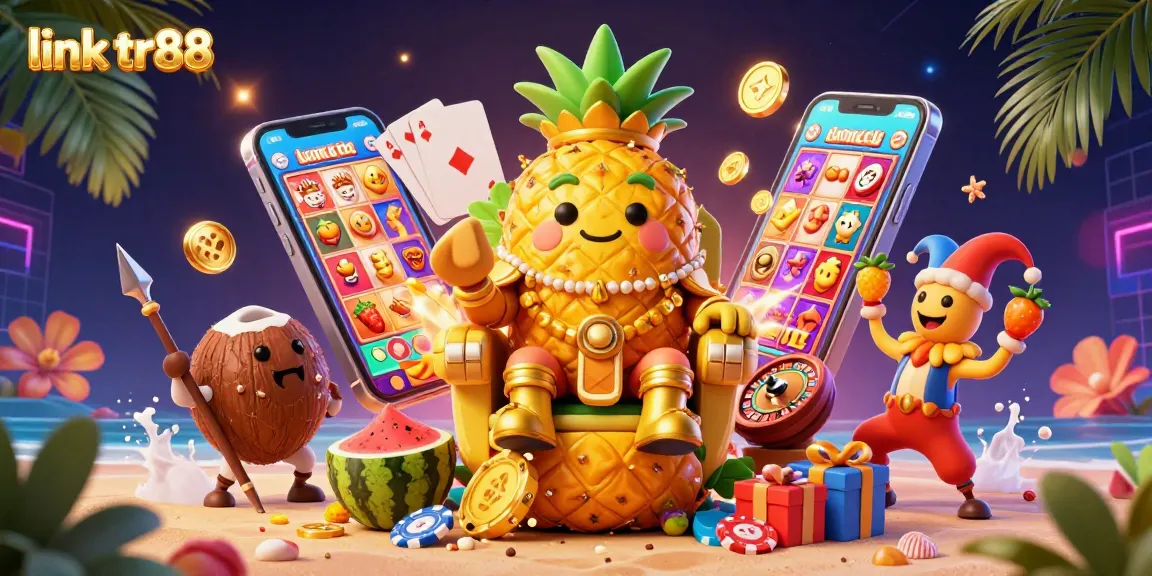 Engage with the vibrant link tr88 casino scene featuring a pineapple king and gaming elements in a dynamic illustration.