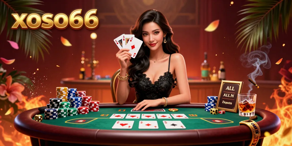 Engage in dynamic gameplay at xoso66 with an elegant woman holding aces amidst a vibrant casino scene.