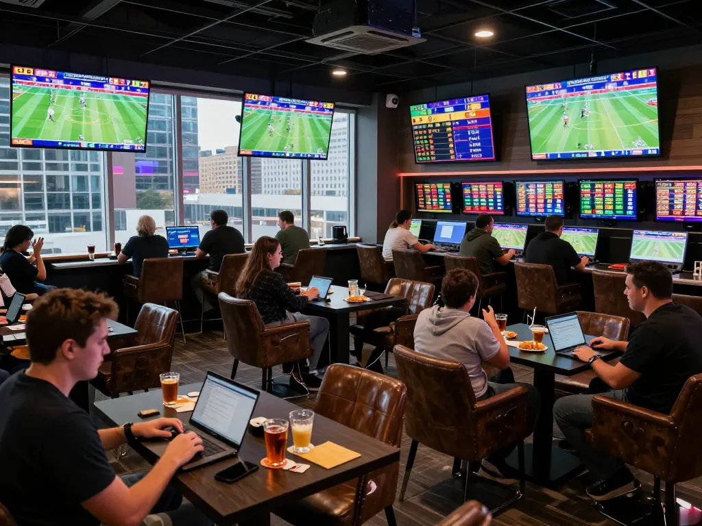 Engaging scene of sports betting professionals analyzing odds at nhandinhkeonhacai sports lounge