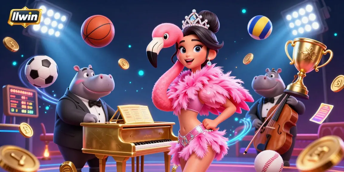 Experience gaming excitement at llwin with vibrant characters and dynamic sports elements in a 3D illustration.