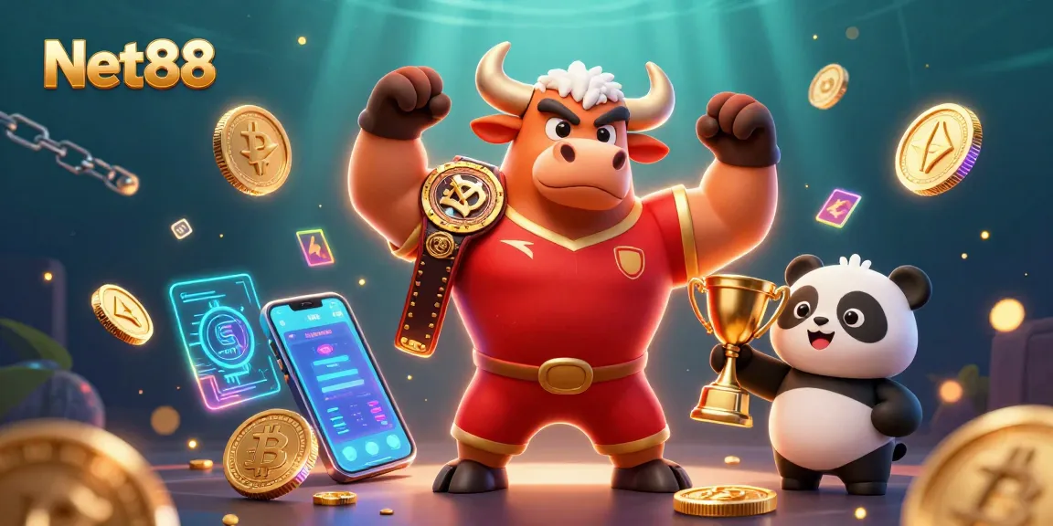 Bet on Net88 with a dynamic 3D illustration of a victorious bull mascot surrounded by crypto elements.