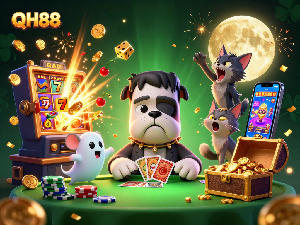 Experience QH88 with a vibrant 3D casino scene featuring a bulldog monster and jackpots.