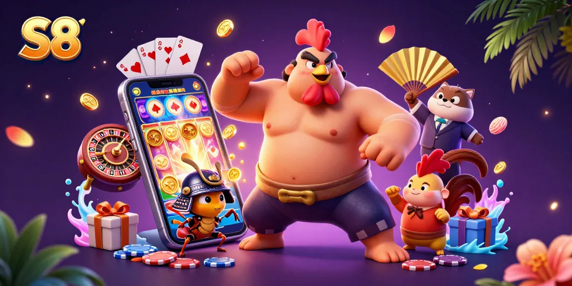 S8 casino scene showcasing a powerful sumo rooster, fierce samurai cricket, and announcer with golden fan among vibrant slot game elements.