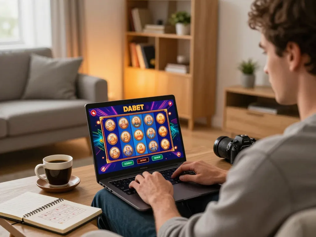 Dabet online casino experience in a cozy home setting, showcasing strategic slot game play.