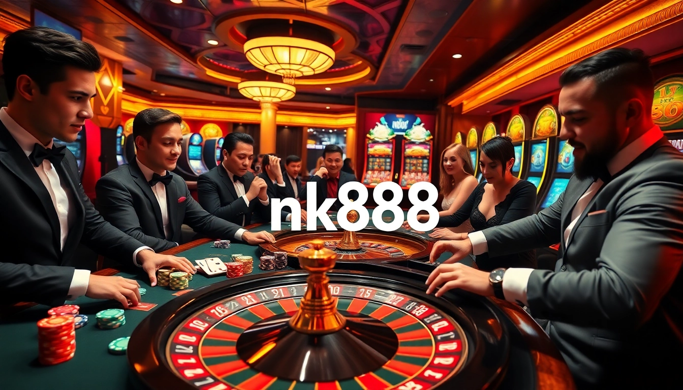 Exciting NK88 casino scene with players engaged in a high-stakes poker game and vibrant slot machines.