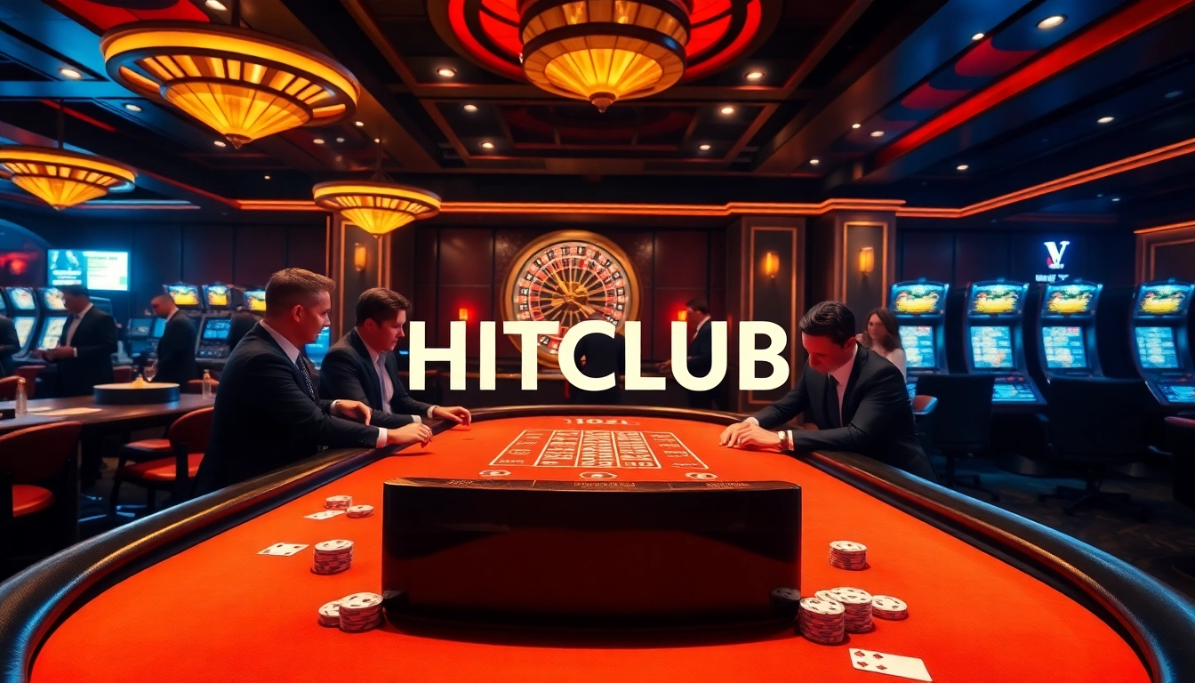 Experience the excitement of HITCLUB with players at a luxurious blackjack table and vibrant casino atmosphere.