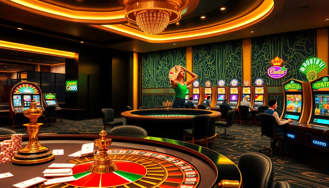 A vibrant online gambling scene at https://gk88.toys/ showcasing poker chips, roulette wheel, and slot machines.