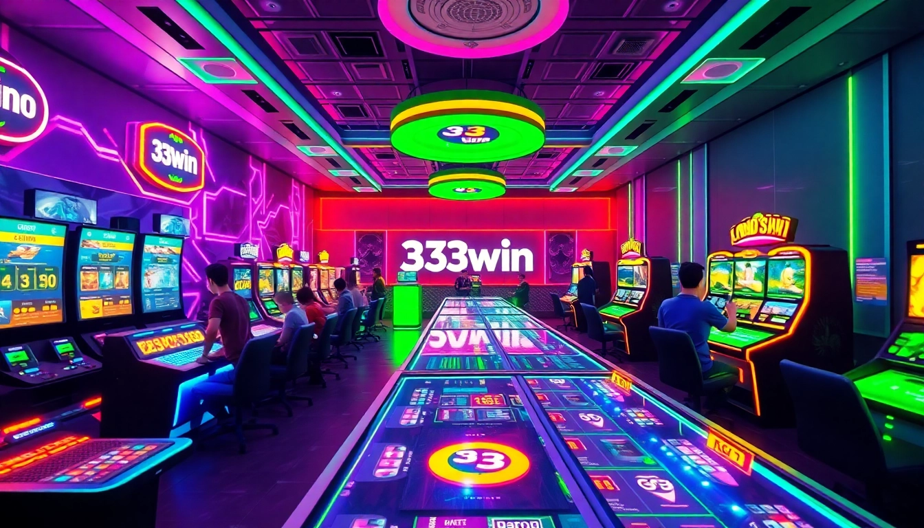 Engaging scene at 33win's modern online casino showcasing vibrant gaming tables and excited players.