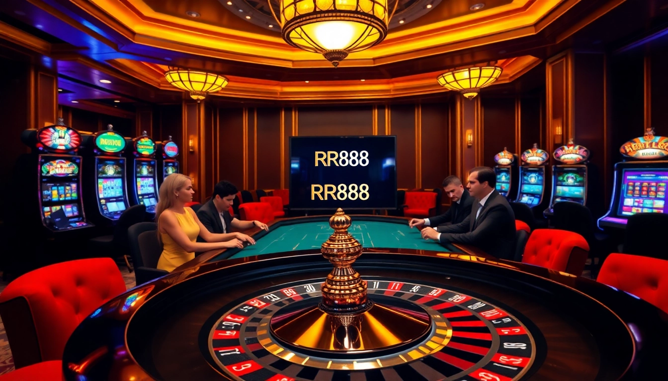 RR88 poker players enjoying a thrilling game in a luxurious casino atmosphere.