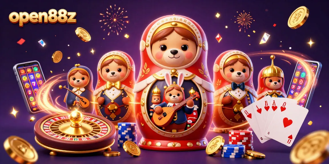 Engage with open88z in this festive 3D illustration showcasing a vibrant casino atmosphere filled with playful characters and game elements.