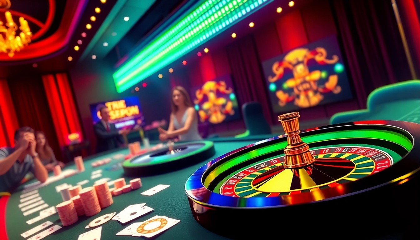 58WIN casino scene featuring players engaging in high-stakes card games with vibrant chips and roulette wheels.
