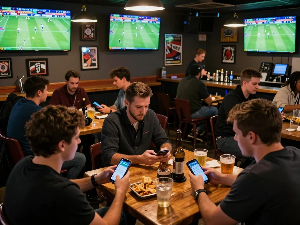Active sports betting scene with patrons cheering for kết quả bóng đá updates while using apps in a lively sports bar atmosphere.