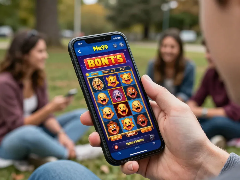 Player celebrating a win while accessing the Me99 casino app on their smartphone outdoors.