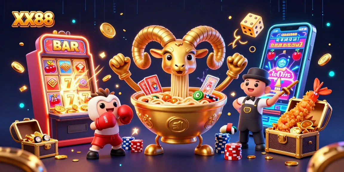 Experience the excitement of XX88 with a vibrant casino scene featuring playful characters and jackpot action.