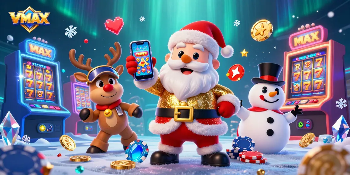 Experience the excitement of VMAX casino with Santa holding jackpot slots, reindeer dealer, and poker chip snowman!