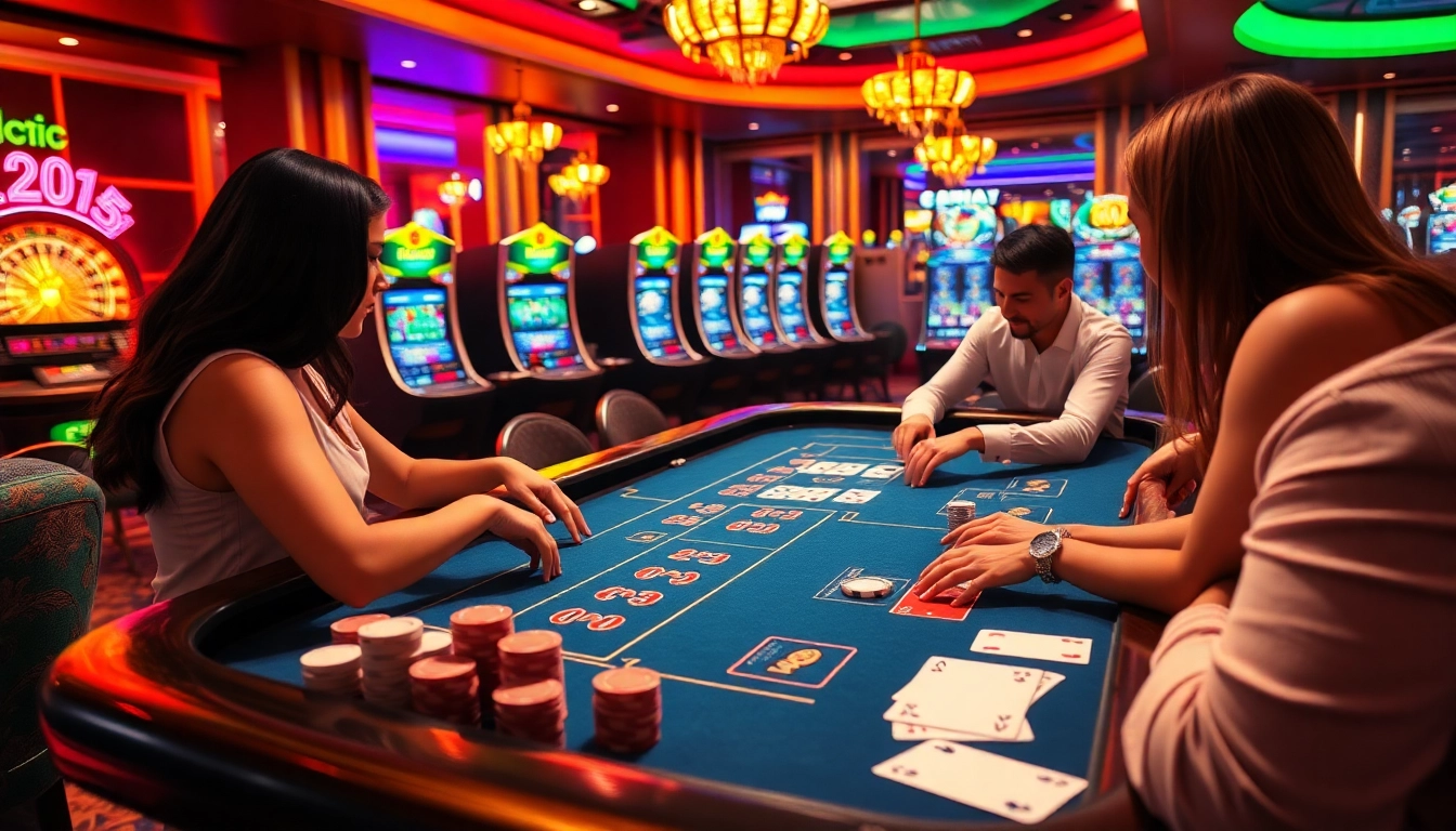 Players enjoying a thrilling poker game at BL555 casino with vibrant chips and cards.