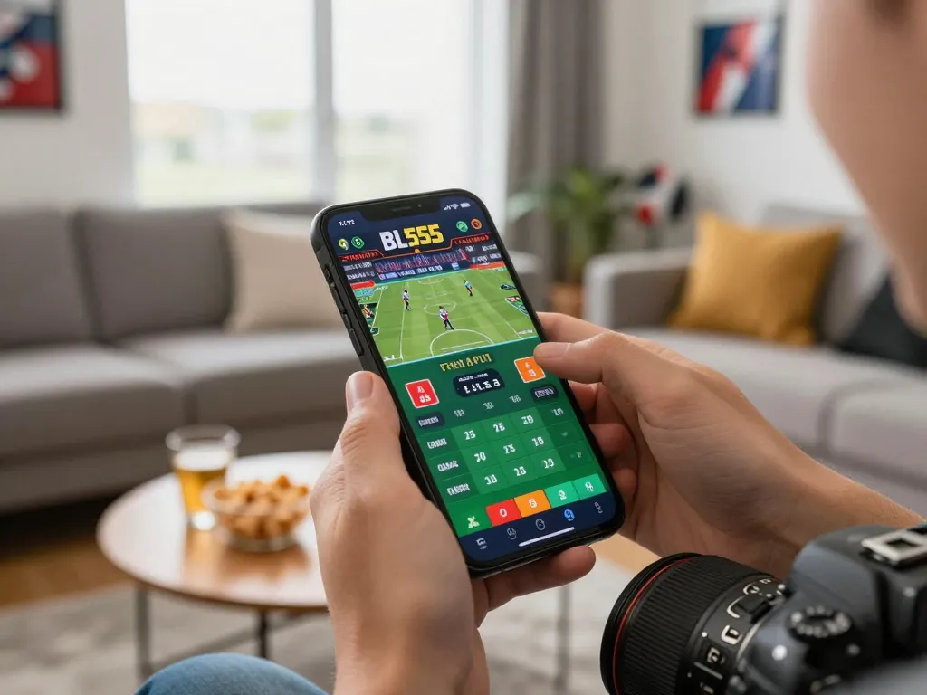 Person placing a bet on the BL555 app, showcasing online sports betting excitement in a lively home environment.