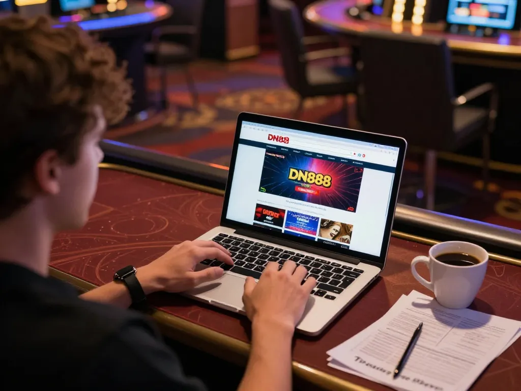 Engaging online gambling experience on DN888 with a player using a laptop for casino gaming